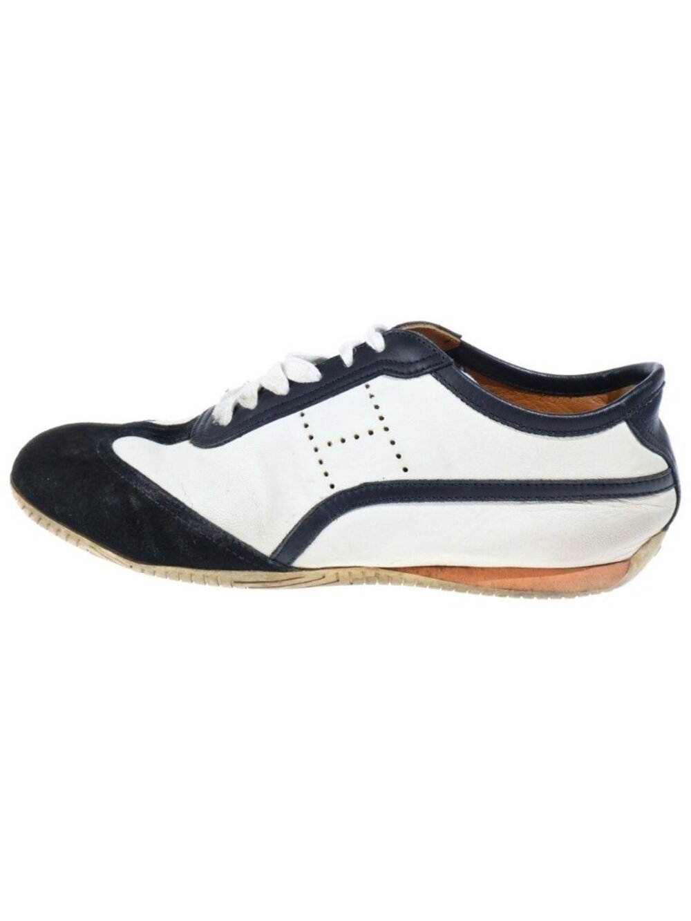 Hermes H Logo Suede Paneled Leather Low-Top Sneakers Flat Shoes White Black